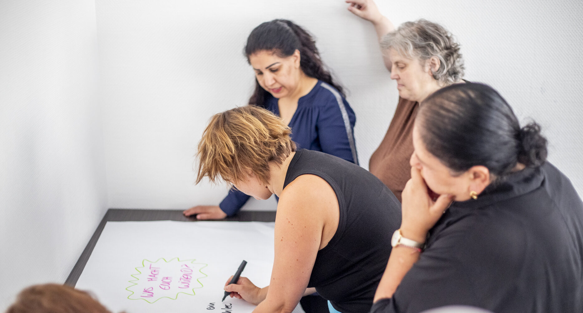Teilnehmerinnen eines Workshops schreiben auf einem Flipchart auf, was sie wütend macht.